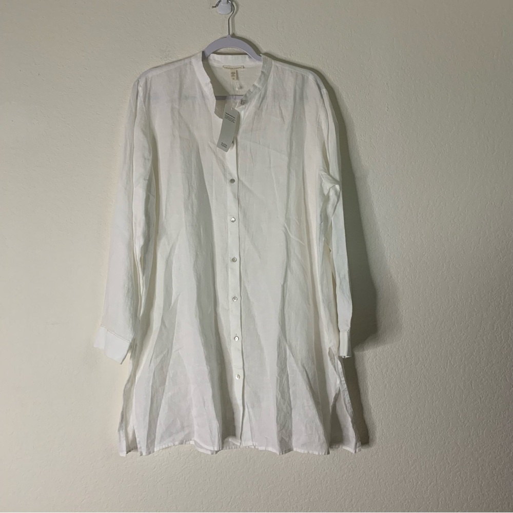 Eileen fisher Womens white linen modern collar long sleeve button front tunic L